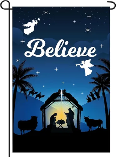 Bandera de Jardín Navideña de 12 x 18 Pulgadas Believe Jesus Decoraciones de Invierno - Bandera de Patio de Vacaciones de Granja Rústica de Noche