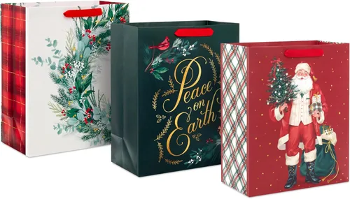 Hallmark Paquete de bolsa de regalo de Navidad grande de 13 pulgadas (3 bolsas: Papá Noel vintage, corona, paz en la tierra con cardenales) verde