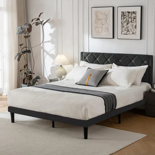 Miniatura 3 de Base de cama de plataforma de tamaño matrimonial con cabecera de terciopelo, soporte de listones de madera resistente, base de colchón, no requiere