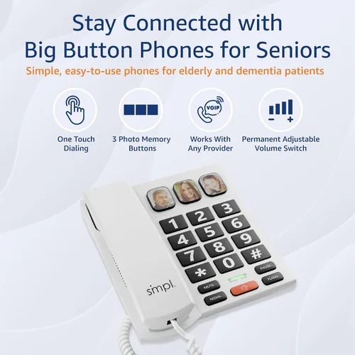 Miniatura 2 de SMPL Teléfono de botón grande para personas mayores, teléfono fijo con cable simple para ancianos, discapacitados, Alzheimer, demencia, problemas