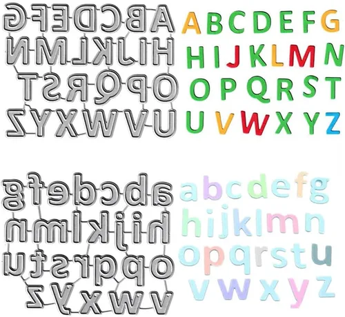 Miniatura 8 de 26 troqueles de corte de letras mayúsculas, minúsculas, 26 troquelados del alfabeto, plantillas de metal en relieve, molde de plantilla