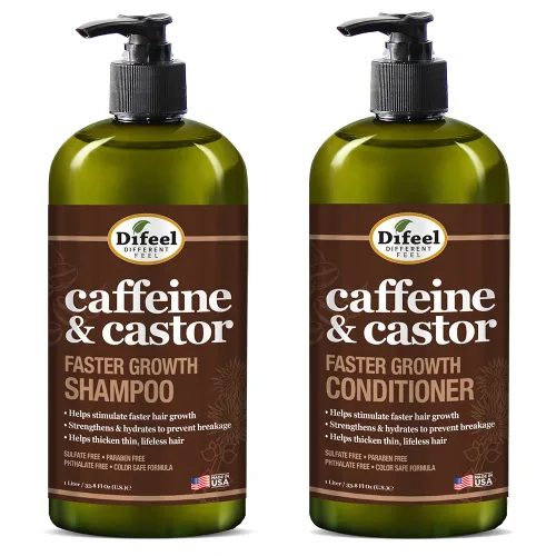 Difeel Champú y acondicionador de 2 piezas de cafeína y ricino para un crecimiento más rápido del cabello, 33.8 onzas, juego de champú y