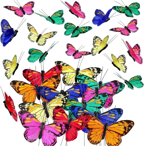 Ysleen Juego de 12 mariposas monarca para decoración de mariposas artificiales, púas de plumas con alambre para manualidades, ramo de flores falsas,