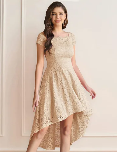 Miniatura 5 de Dressystar - Vestido de cóctel de encaje para mujer, vestido asimétrico con vuelo y hombros descubiertos para fiesta y evento formal