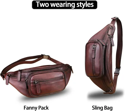 Miniatura 2 de Cangurera de cuero genuino para mujeres y hombres, riñonera de cuero, bolso bandolera de moda, bolso cruzado de hombro, mochila (café)