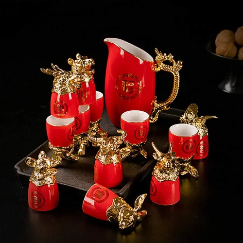 Miniatura 4 de Doce signos del zodíaco chino, 13 piezas, juegos de bar, licor de vino, porcelana, 1 pote y 12 tazas, juego de obras de arte hechas a mano, Rojo