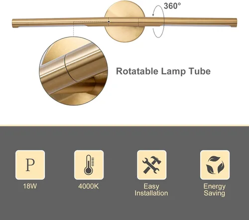 Miniatura 3 de Lámparas doradas para baño sobre espejo de 24 pulgadas, 18W 360° Giratorias Regulables 4000K Lámpara de Tocador LED de Latón, Luces de Tocador