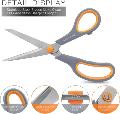 Miniatura 3 de Tijeras multiusos de 8 pulgadas con revestimiento de titanio, tijeras afiladas resistentes para diestros o zurdos, asas de agarre cómodo para Gris