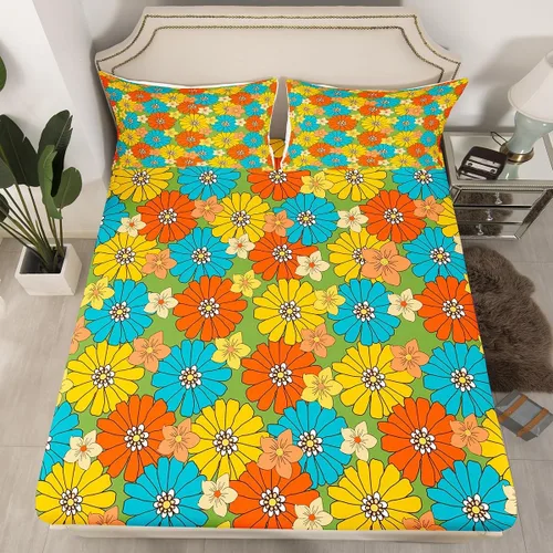 Miniatura 16 de Juego de ropa de cama con diseño floral bohemio, tamaño individual, diseño retro de flores groovy, 60S y 70S, diseño de flores hippie para niños