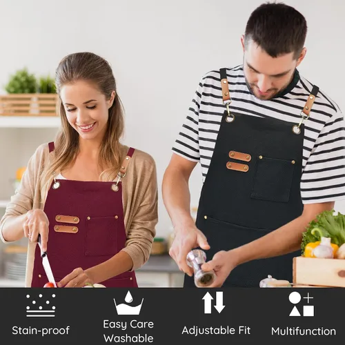Miniatura 2 de Delantales de lona, delantales de chef de cocina, delantales de trabajo para hombres y mujeres, delantales con correa ajustable con 3 bolsillos