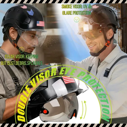 Miniatura 3 de Construction Hard Hats with Clear and Tinted Visor - OSHA Approved ANSI Z89.1 Dual Eye Protection Black Hard Hat with Chin Straps for Men Sombrero