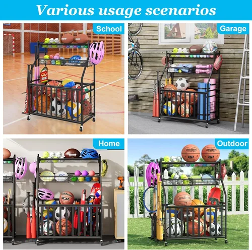 Miniatura 4 de Jsskeeim - Organizador de equipo deportivo para garaje, organizador de pelotas deportivas con ruedas, bolsillo de malla, canasta, organizador