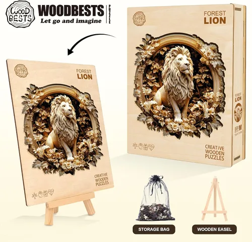 Miniatura 4 de Rompecabezas de madera para adultos, rompecabezas de madera de león del bosque, efecto visual 3D, forma única, rompecabezas de madera de animales
