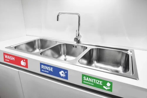 Miniatura 5 de Etiquetas para fregadero de lavar, enjuagar y desinfectar – 2.75 x 9 pulgadas – También incluye letrero de lavado a mano únicamente – Señales