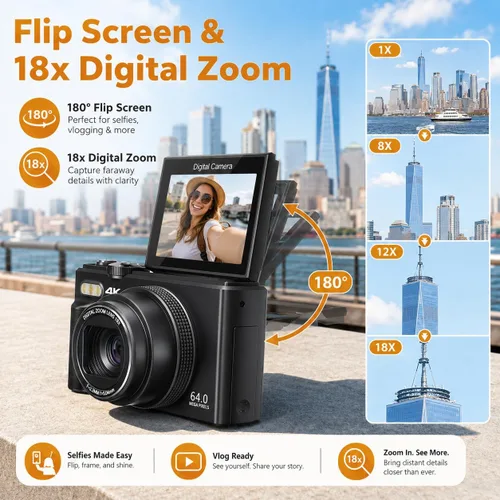 Miniatura 4 de Cámara Digital 4K para Fotografía, Cámara de Vlogging 4K 64MP para YouTube con Pantalla Abatible de 180° de 3", Cámara WiFi Compacta con Zoom Negro