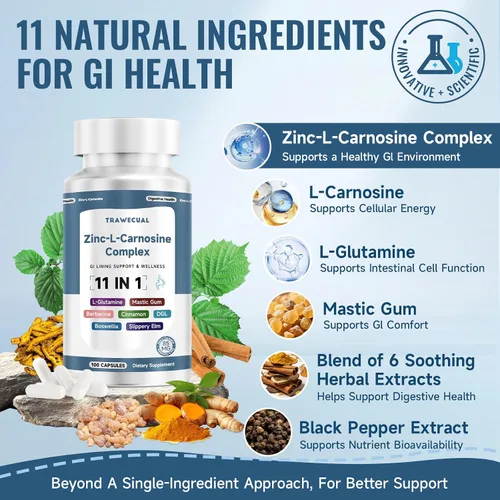 Miniatura 3 de Zinc L Carnosine Complex 85 mg, suplemento de apoyo para la salud digestiva e intestinal 11 en 1, con mezcla calmante de extracto de hierbas