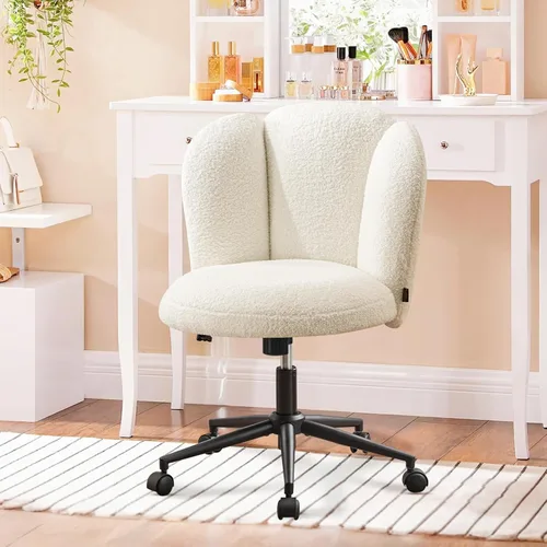 Miniatura 12 de Furniliving Silla de escritorio redonda sin brazos, pequeña silla tapizada de terciopelo con ruedas, silla de tarea ajustable giratoria con ruedas