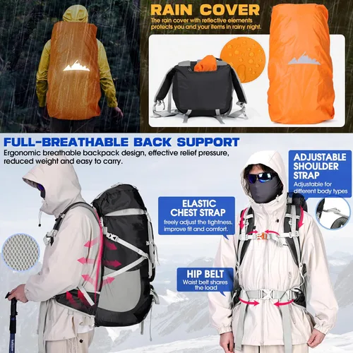 Miniatura 4 de IGOLUMON Mochila de senderismo de 60 litros impermeable mochila de camping con cubierta de lluvia, mochila grande y ligera para hombres y mujeres