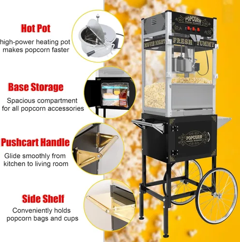 Miniatura 6 de Máquina comercial de palomitas de maíz de 20 onzas con carrito (negro) – Máquina de palomitas de maíz de grado profesional – Popper estilo vintage
