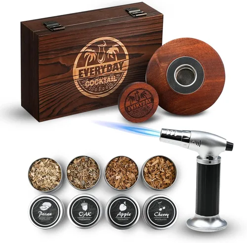EVERYDAY COCKTAIL | Kit de ahumador de whisky con antorcha – Kit de ahumador antiguo con chips de madera de 4 sabores – Kit de ahumador de whisky de