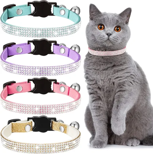 Miniatura 8 de Weewooday 4 collares de gato con diamantes de imitación, collar de gato con campana, accesorios brillantes para mascotas con terciopelo suave, 4