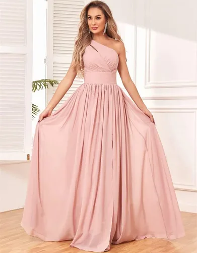 Miniatura 4 de MXODI One Shoulder Bridesmaid Dress with Slit Chiffon Long Formal Dresses with Pockets