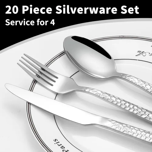 Miniatura 2 de Juego de cubiertos de 20 piezas de acero inoxidable martillado para 4, juego de cubiertos de cocina incluye tenedores y cucharas, cuchillos, acabado