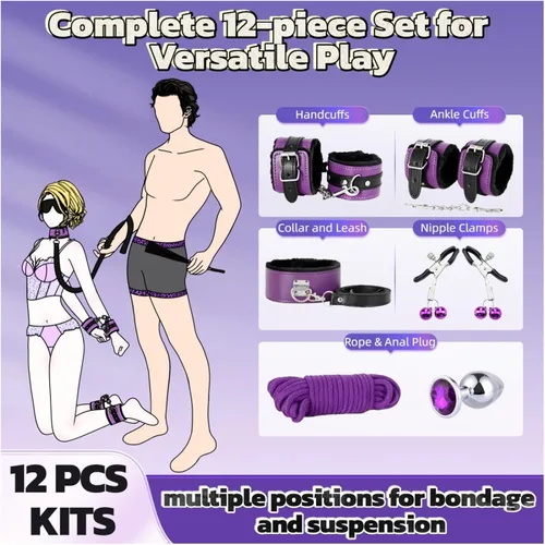 Miniatura 3 de BDSM - Kits de restricción de bondage, 12 piezas, juguetes sexuales, esposas, collar de tobillo, puños, venda para los ojos, pluma estimuladora