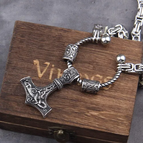 Miniatura 2 de Cadena King de acero inoxidable con cuentas de runa y collar vikingo de martillo mjolnir con caja de madera como regalo de novio DD377