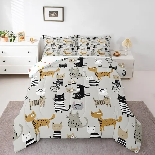 Miniatura 10 de Erosebridal Lindo juego de edredón de gato, tamaño individual, kawaii, fresa, juego de ropa de cama para niñas, diseño de arco iris, edredón rosa