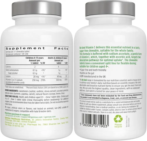 Miniatura 6 de Igennus - Vitamina C suave tamponada masticable 250-500 mg, niños y adultos, absorción optimizada con ascorbato de sodio y ácido ascórbico, sin