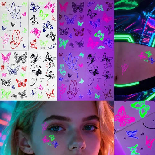 Miniatura 5 de Tatuajes temporales de neón UV, 12 hojas de tatuajes de fiesta que brillan en la oscuridad para adultos y niñas, patrones de doble vibración