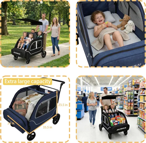 Miniatura 7 de Cochecito grande de 4 plazas, 2, 3, niños pequeños, color negro Car Shaped, Foldable, All Terrain, Removable Canopy, 5 Point Harness, Travel