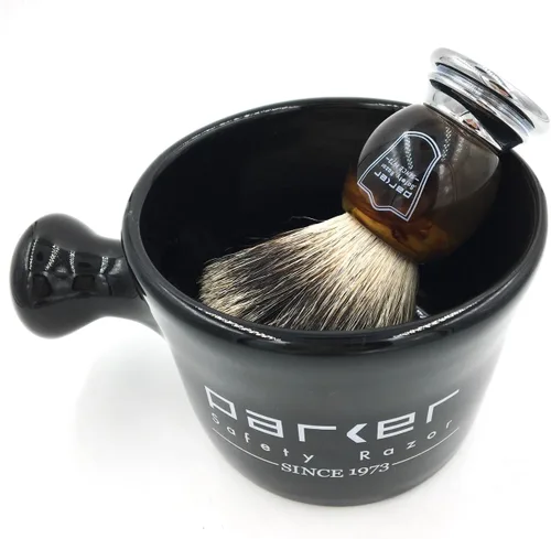 Miniatura 4 de Parker - Cepillo de afeitar de tejón puro de 3 bandas con cuerno sintético y mango cromado + soporte, nudo suave de 0.866 pulgadas para espuma