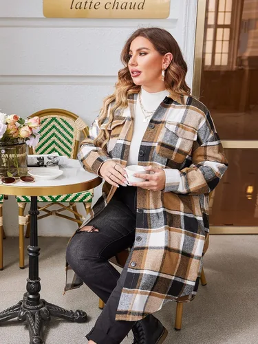 Miniatura 5 de IN'VOLAND Camisas de franela a cuadros de talla grande para mujer, manga larga, con solapa, estilo novio, con botones, chaqueta larga de tartán
