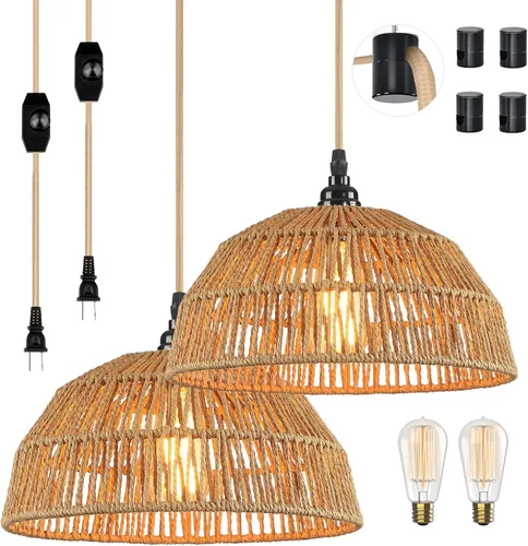 Miniatura 8 de Lámpara colgante enchufable, luces colgantes con cable de algodón dorado de 15 pies e interruptor de atenuación continuo, pantalla de cuerda
