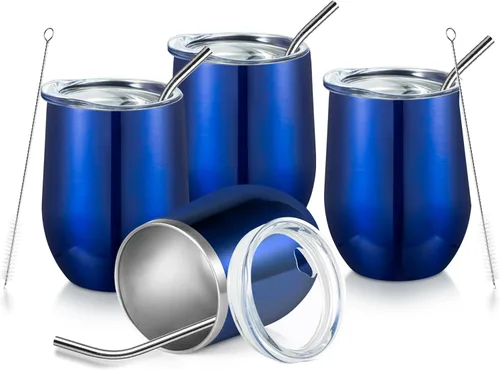 Miniatura 8 de COMOOO Vaso de vino aislado de 12 onzas con tapa, vaso de vino de acero inoxidable sin tallo, vaso de vino de doble pared al vacío con pajita, café