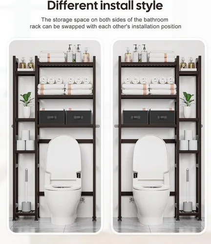 Miniatura 7 de Homde Organizador de Almacenamiento Sobre el Inodoro con Cesta y Cajón, Organizador de Baño de Bambú con Estante Ajustable y Patas Impermeables