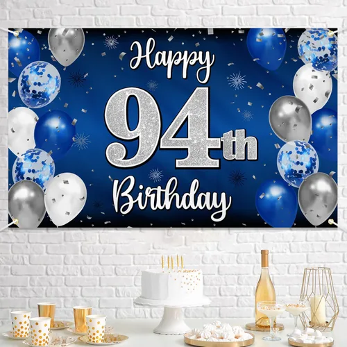 Miniatura 276 de Decoración de feliz cumpleaños 35, globo azul y plateado de 35 años, cartel grande de telón de fondo de cumpleaños, suministros para fiesta de 35th