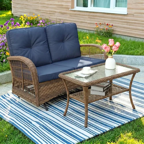 Miniatura 10 de MEETWARM Juego de 3 piezas de mimbre giratorio para patio al aire libre, mecedoras, juegos de muebles de patio de ratán con cojín grueso y mesa