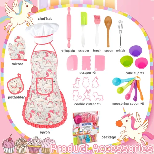 Miniatura 3 de KAEGREEL Juego de chef para hornear para niños con delantal de unicornio y manopla, juego de cocina para niños de 26 piezas con sombrero de chef