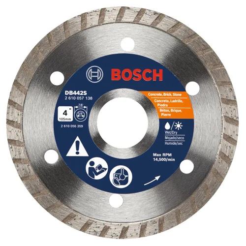 BOSCH DB442S Hoja de diamante con borde turbo estándar de 4 pulgadas con eje de 5/8 pulgadas, 7/8 pulgadas para aplicaciones de corte húmedo y seco