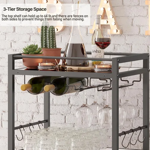 Miniatura 6 de TUTOTAK Carrito de Bar, Carrito de Servicio de Bar para el Hogar con Estante Espejado de 3 Niveles, Carrito de Bebidas, Estante de Cocina Móvil