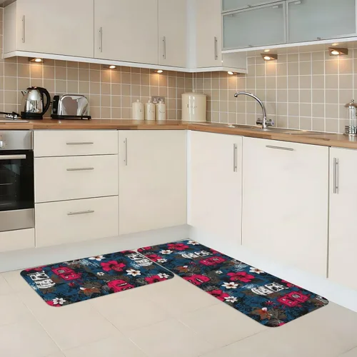 Miniatura 2 de Antifatigue Kitchen Mats for Floor 2 Piece - Tropical Retro Robots Print Kitchen Rugs Washable, Non Slip Runner Rug Standing Mat for