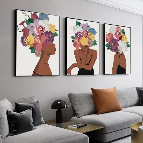 Miniatura 2 de Juego de 3 pinturas de pared afroamericanas con diseño de flores negras para mujer, diseño de cabeza negra, pintura en lienzo, cuadros sin marco
