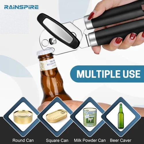Miniatura 5 de Rainspire Abrelatas manual mejorado con abridor de botellas corte de borde liso, abrelatas resistente, mango suave cómodo, abrebotellas integrado