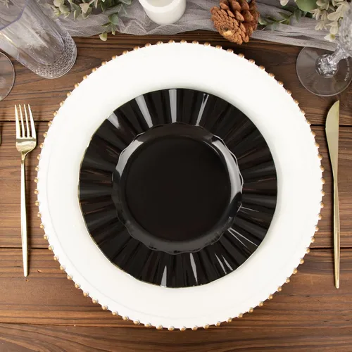 Miniatura 109 de Tableclothsfactory Paquete de 10 platos redondos de plástico negro de 6 pulgadas para ensalada de postre, platos desechables con borde ondulado