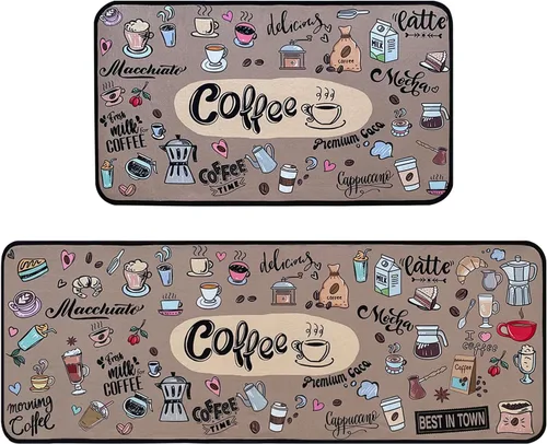 Voanos Alfombras de Cocina de Café, Alfombrillas de Microfibra Lavables Antideslizantes para Piso de Cocina, Juego Decorativo de Alfombra Acolchada