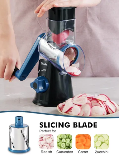 Miniatura 3 de Geedel Rallador rotativo de queso, cortador de verduras de mandolina de cocina con 3 cuchillas intercambiables, fácil de limpiar, rallador giratorio