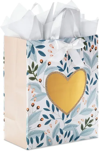 Hallmark Bolsa de regalo grande de 13 pulgadas con papel de seda (follaje verde, corazón dorado) para bodas, compromisos, aniversarios, despedidas
